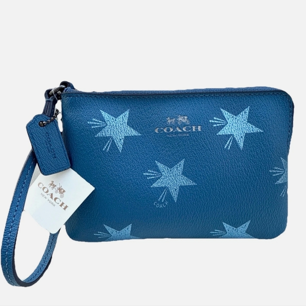 Coach Limited Edition Canyon Blue Star Metallic Corner Zip Wristlet EUC